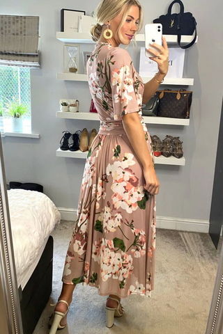 JOLIE MOI - Tina Floral Midi Dress Apricot - Designer Dress hire