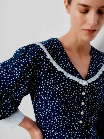 BEULAH - Romily Navy Polka Dress - Designer Dress hire