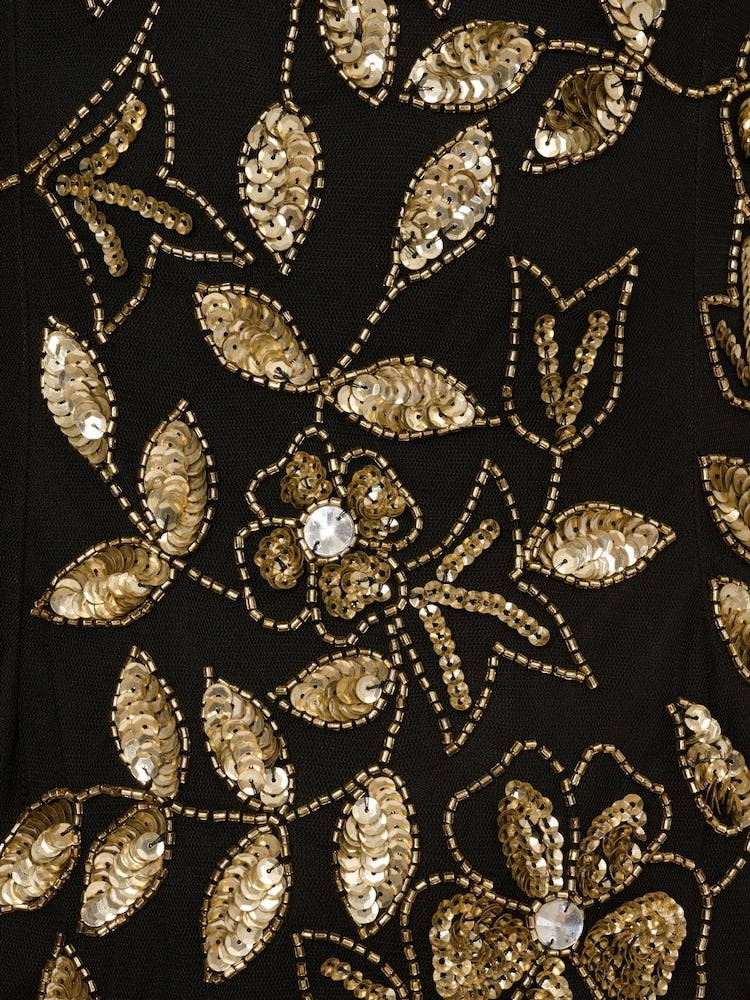 Floral Beaded Godet Dress