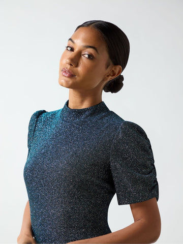 Ro&Zo - Petite Harriet Teal Sparkle Jersey Dress - Designer Dress hire