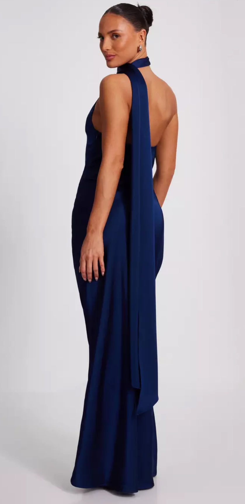 Navy Satin Wrap Neck Dress