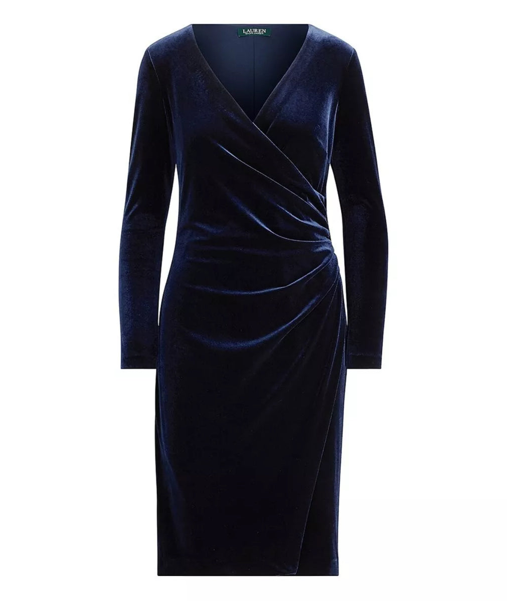 Navy Velvet Surplice Dress