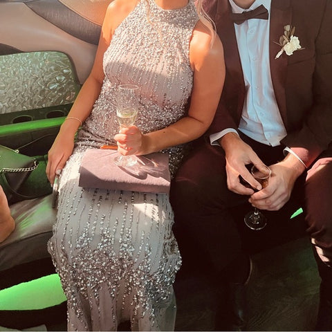 ADRIANNA PAPELL - Halter Beaded Column Gown - Designer Dress hire
