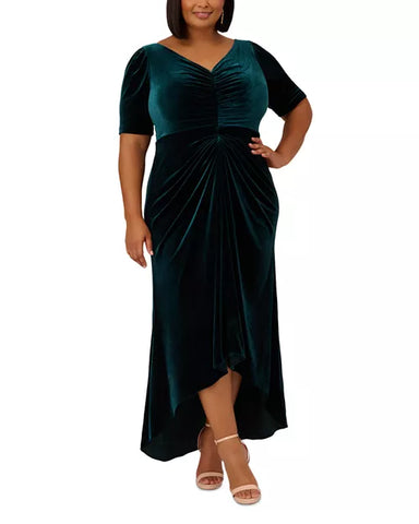 ADRIANNA PAPELL - Ruched Velvet Emerald Gown - Designer Dress hire