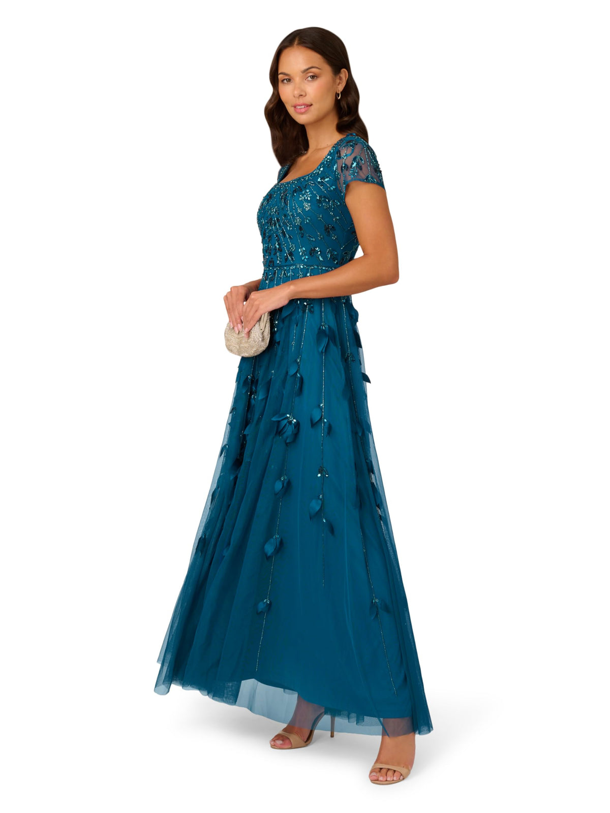 Teal Beaded 3D Petal Mesh Gown