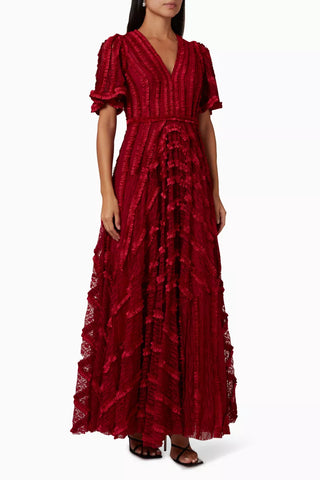 NEEDLE & THREAD - Ruffle Red Maxi Dress - Designer Dress hire