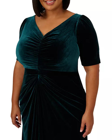 ADRIANNA PAPELL - Ruched Velvet Emerald Gown - Designer Dress hire
