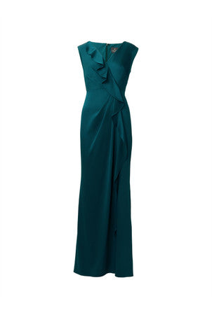 ADRIANNA PAPELL - Satin Green Ruffle Gown - Designer Dress hire