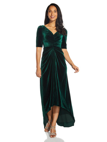ADRIANNA PAPELL - Ruched Velvet Emerald Gown - Designer Dress hire