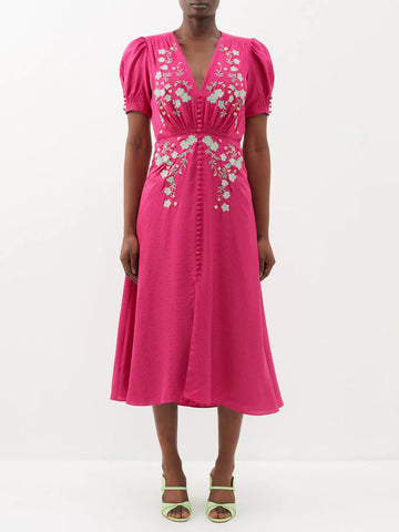 Saloni - Lea Floral Silk Midi Dress - Designer Dress hire