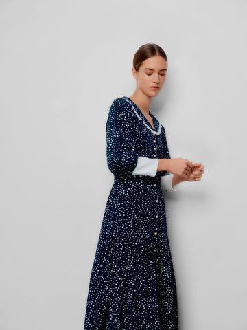 BEULAH - Romily Navy Polka Dress - Designer Dress hire