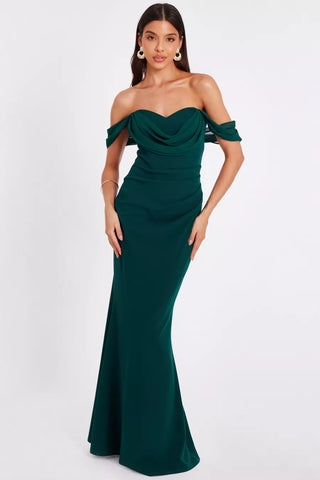 QUIZ - Petite Green Chiffon Bardot Dress - Designer Dress hire