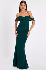 QUIZ - Petite Green Chiffon Bardot Dress - Designer Dress Hire