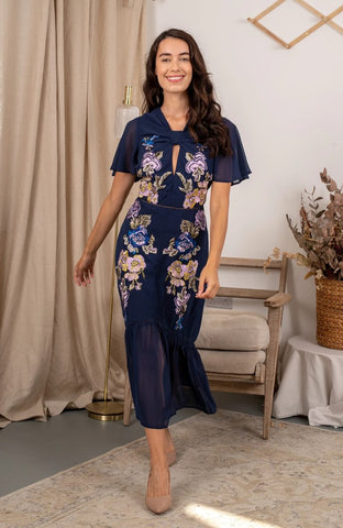 HOPE AND IVY - Embroidered Jesebell Midi Dress - Designer Dress hire