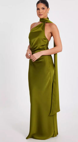 QUIZ - Khaki Satin Wrap Neck Dress - Designer Dress hire