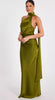 QUIZ - Khaki Satin Wrap Neck Dress - Designer Dress hire