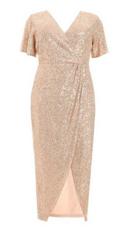 QUIZ - Pink Sequin Wrap Midi Dress - Designer Dress hire
