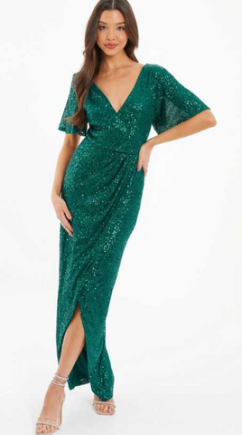 QUIZ - Dark Green Sequin Wrap Dress - Designer Dress hire