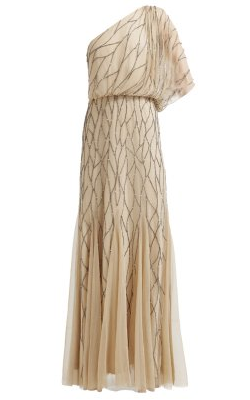 A beige and black beaded gown with one shoulder drape, floor-length, with zip fastening undergarment.