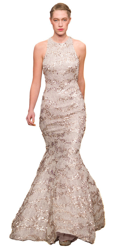 slim fit dress slacks Liquid Gold Glitter Mesh Maxi Dress in Champagne main image 0