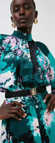 KAREN MILLEN - Drama Floral Satin Maxi - Designer Dress hire