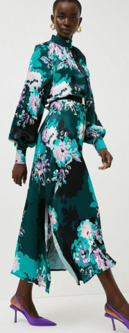 KAREN MILLEN - Drama Floral Satin Maxi - Designer Dress hire