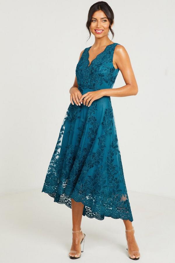 quiz scallop lace dip hem dress Teal Embroidered Dip Hem Dress