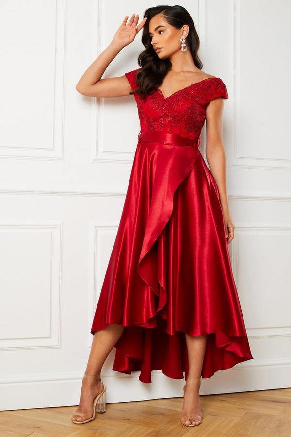 Red Satin Dip Hem Dress | Dress Hire UK Red Satin Dip Hem Dress | Dress Hire UK