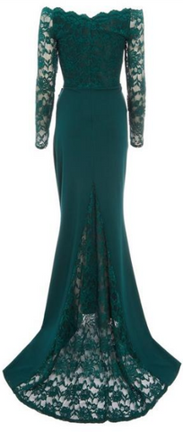 QUIZ - Green Bardot Lace Fishtail Gown - Designer Dress hire