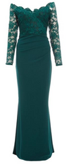 QUIZ - Green Bardot Lace Fishtail Gown - Rent Designer Dresses at Girl Meets Dress