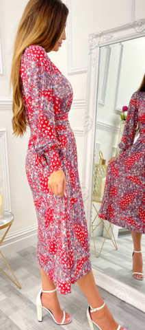 JOLIE MOI - Vanessa Red Floral Midi Dress - Designer Dress hire