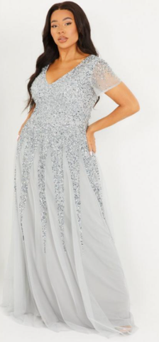 QUIZ CURVE - Curve Grey Sequin Maxi Dress - Designer Dress hire