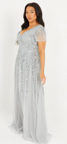 QUIZ CURVE - Curve Grey Sequin Maxi Dress - Designer Dress hire