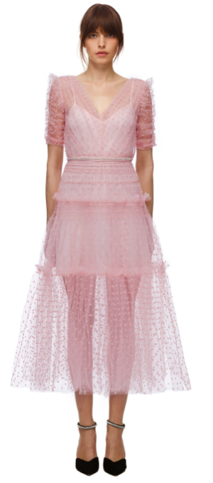 self portrait dot mesh midi dress Pink Dot Mesh Tier Midi Dress self-portrait-US