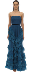 MARCHESA NOTTE - Blue Ruffled Tulle Gown - Rent Designer Dresses at Girl Meets Dress