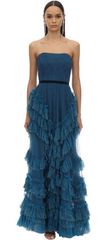 MARCHESA NOTTE - Blue Ruffled Tulle Gown - Designer Dress Hire