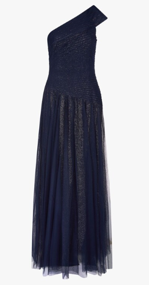 A navy blue, one-shoulder maxi dress with a pleated bodice, a banded waist, and a flared skirt with sparkling embellishments.
