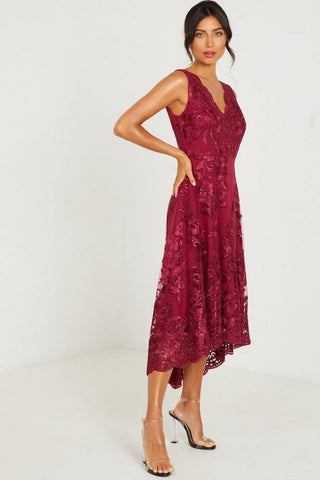 QUIZ - Berry Embroidered Dip Hem Dress - Designer Dress hire