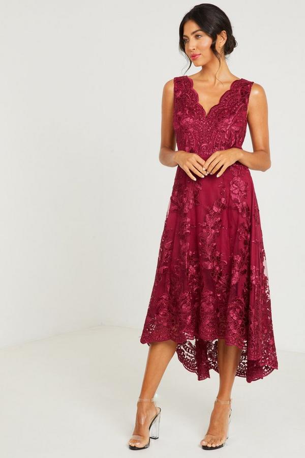 Berry Embroidered Dip Hem Dress | Dress Hire UK Girl Meets Dress Berry Embroidered Dip Hem Dress | Dress Hire UK Girl Meets Dress