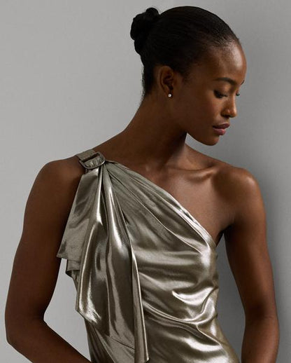 Metallic Chiffon One-Shoulder Gown