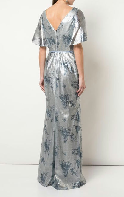 Flutter Sleeve Print Sequin Gown