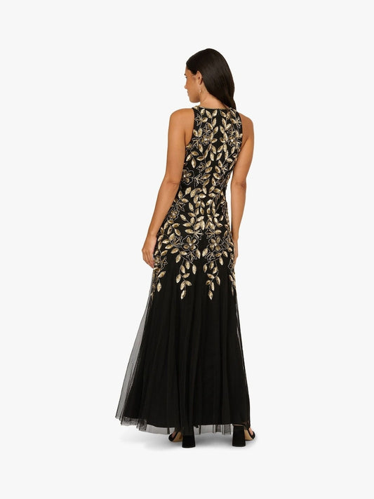 Floral Beaded Godet Dress