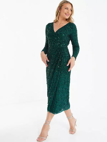Green Sequin Wrap Midi Dress