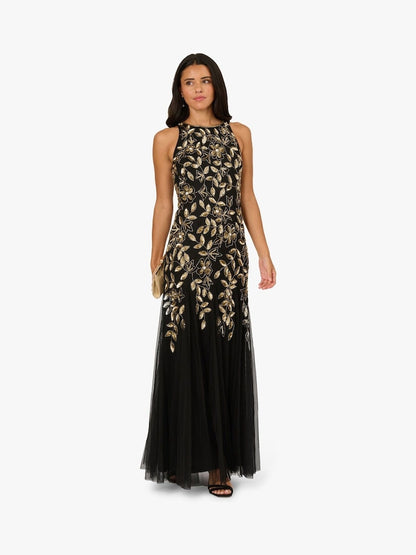 Floral Beaded Godet Dress