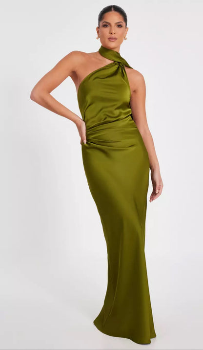 Khaki Satin Wrap Neck Dress