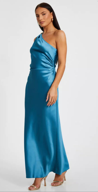 Teal Satin One Shoulder Dress