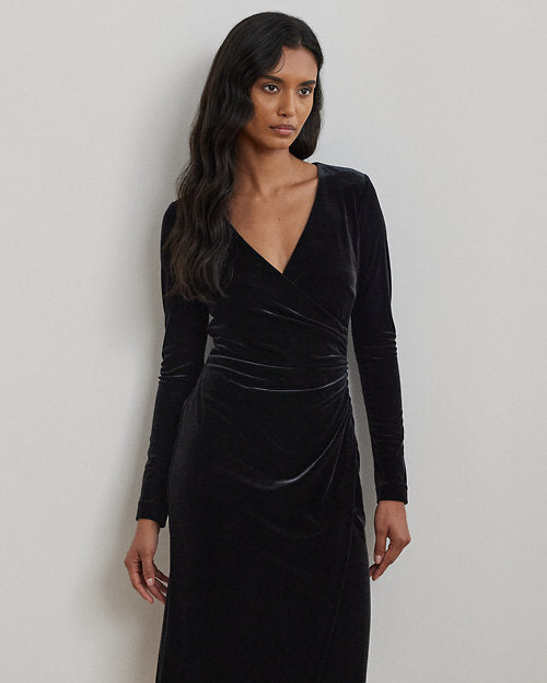 Navy Velvet Surplice Dress