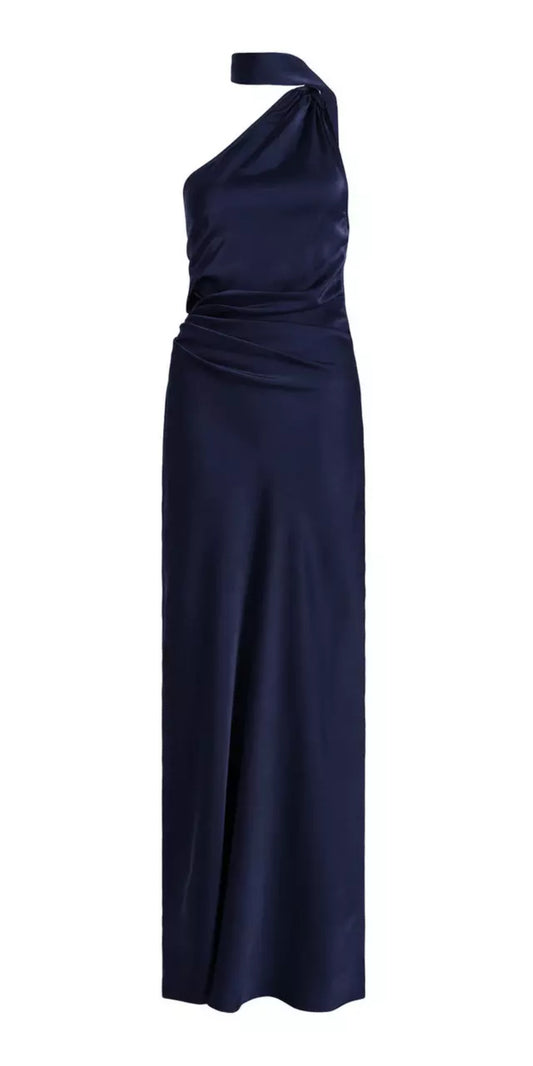 Navy Satin Wrap Neck Dress