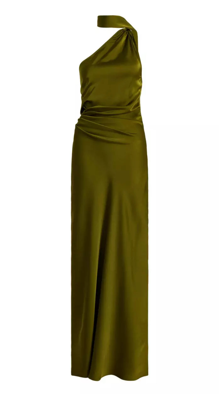 Khaki Satin Wrap Neck Dress