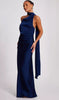 QUIZ - Navy Satin Wrap Neck Dress - Designer Dress hire
